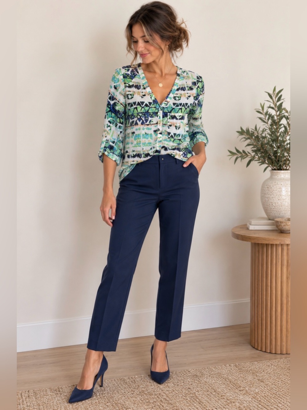 Mossimo Supply Co. Green Blue Patterned V-Neck Blouse